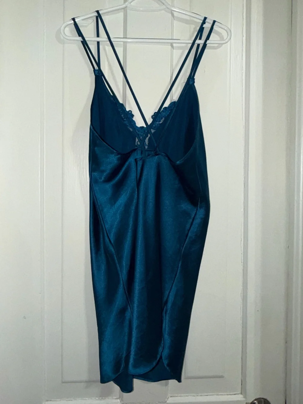 Vintage Women's size medium Teal Satin Slip Dress Lace Trim night gown sleep